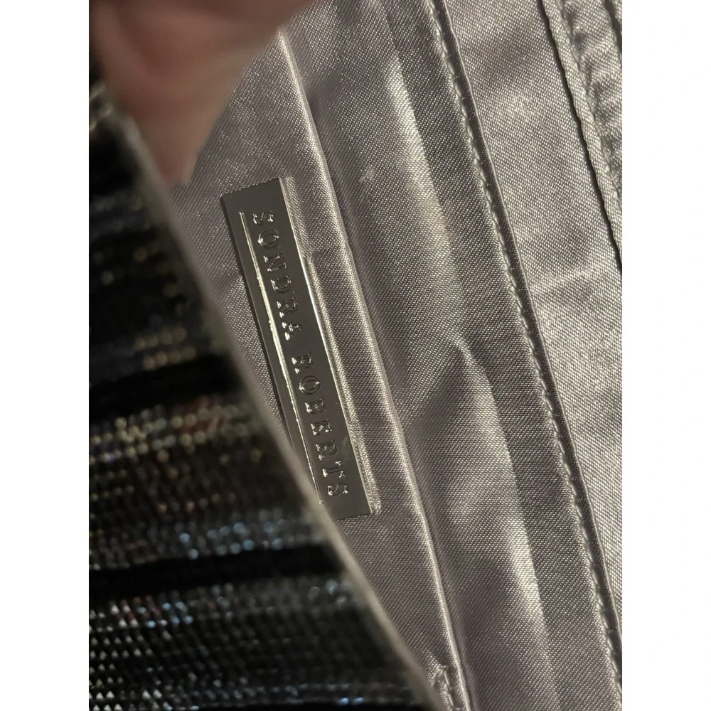 Sondra Roberts Silver Black Rhinestone Stripe Clutch Chain Evening Bag[C]